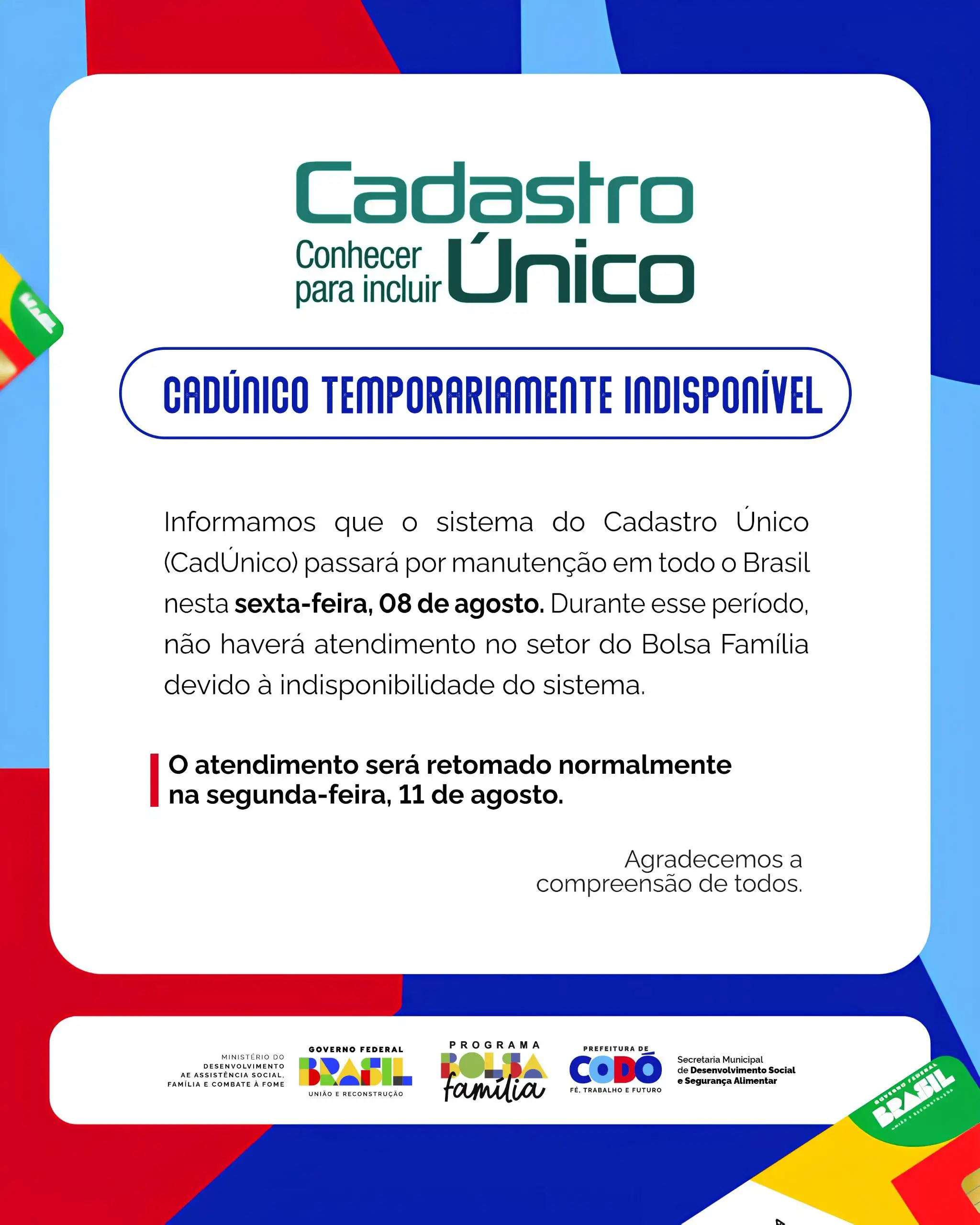 📢 Sistema do Cadastro Único estará indisponível nesta sexta (08)
