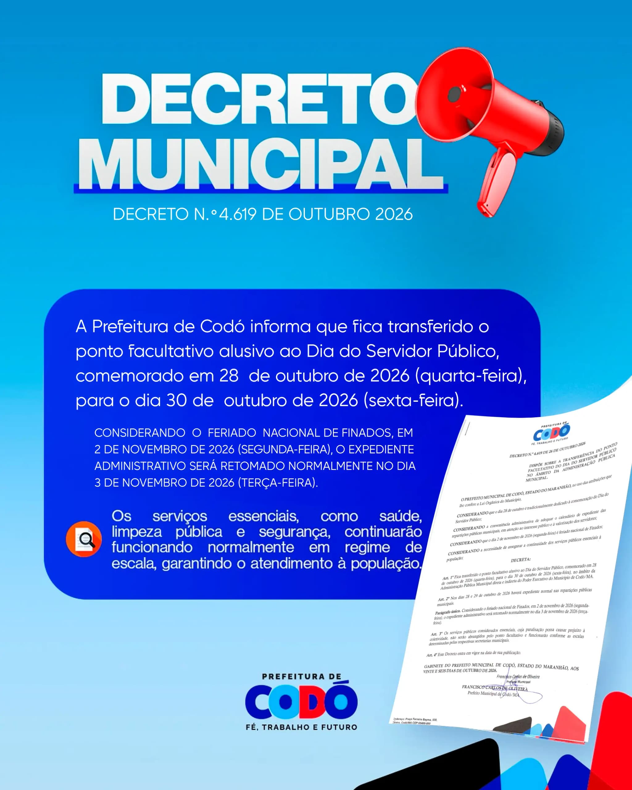 Prefeitura de Codó define calendário de funcionamento para o Dia do Servidor Público e Finados