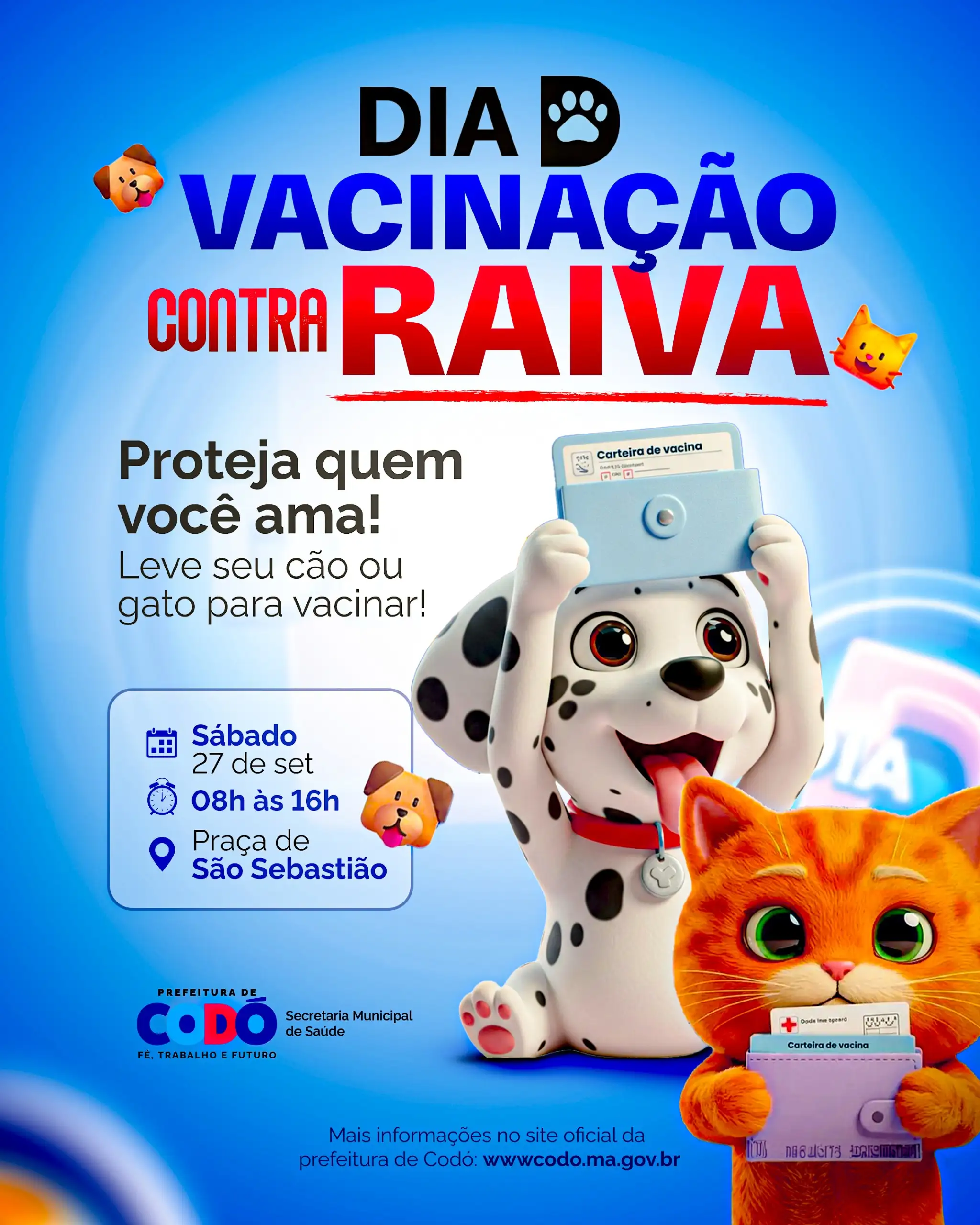 Galeria de imagens - Foto 1 da notícia: Prefeitura de Codó promoverá "Dia D" de Vacinação contra a Raiva neste sábado (27), garantindo imunização gratuita de cães e gatos em diversos pontos da cidade