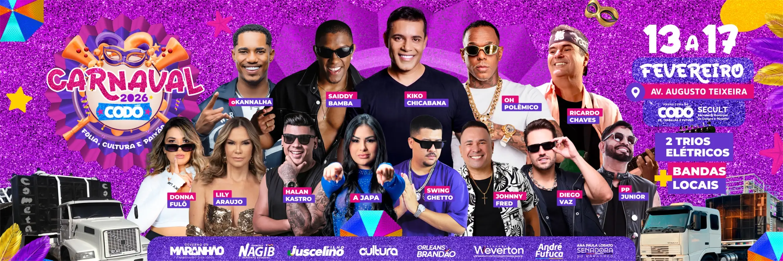 Carnaval 2026 de Codó acontece de 13 a 17 de fevereiro com grandes atrações nacionais