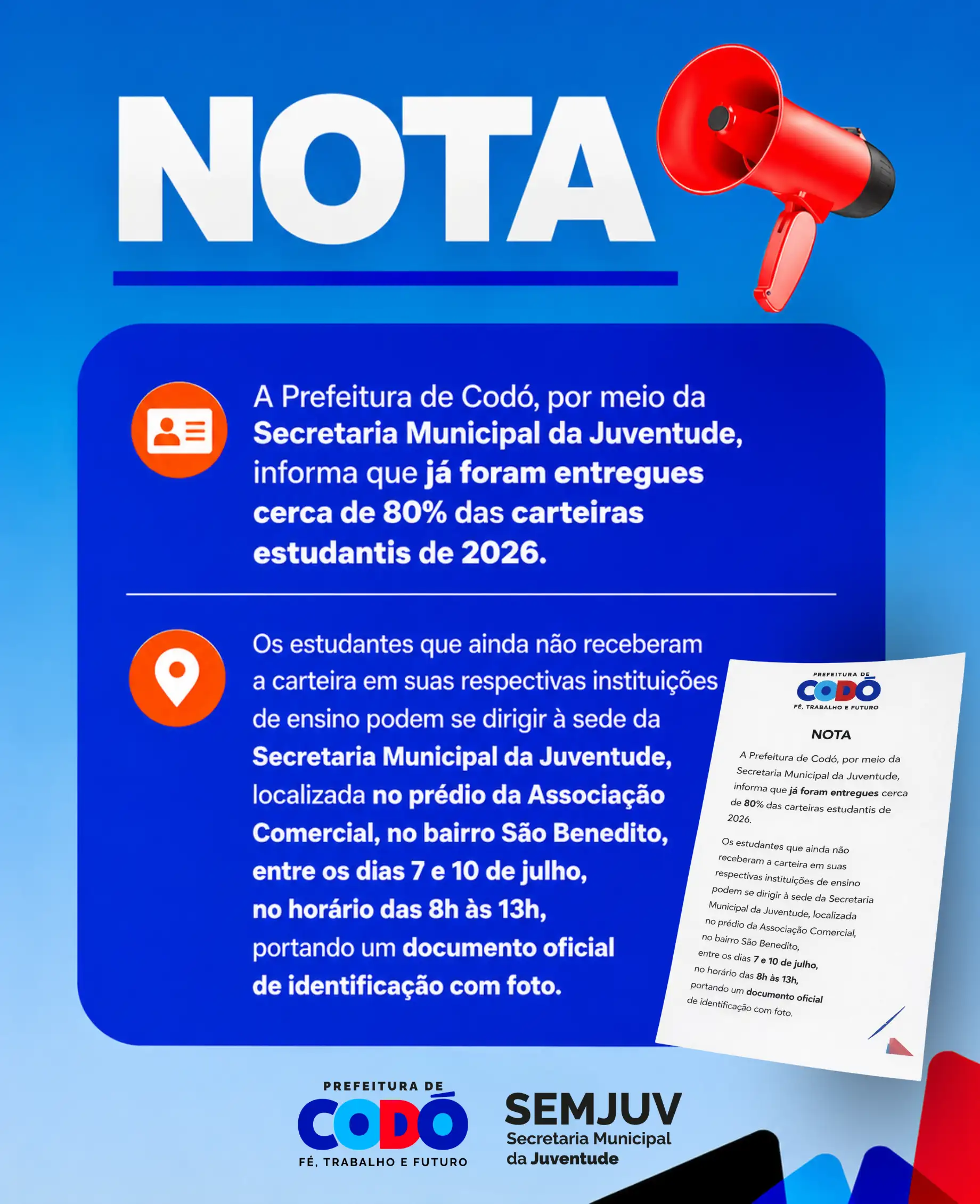 Foto 1 – Prefeitura de Codó convoca estudantes para retirada das carteiras estudantis de 2026