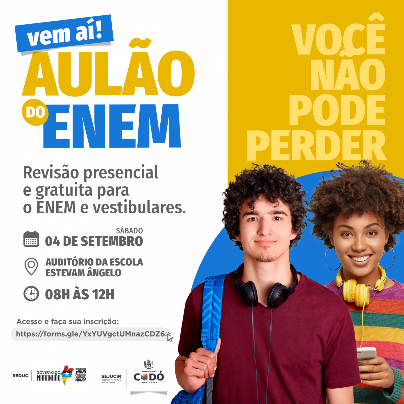 Município é contemplado, e estudantes vão participar do AULÃO ENEM 2021 em Codó