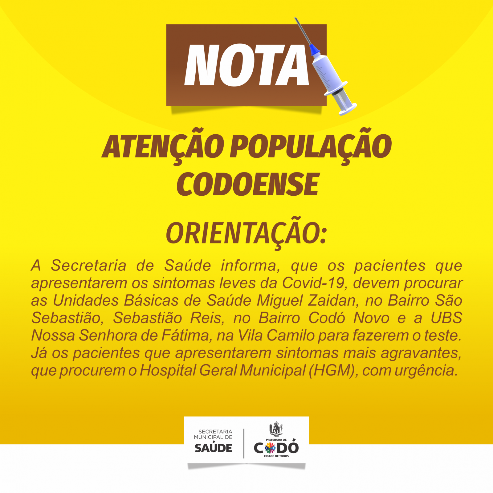 A Secretaria de saúde informa novas mudanças nos locais de vacinação e de testes da Covid-19 em Codó  