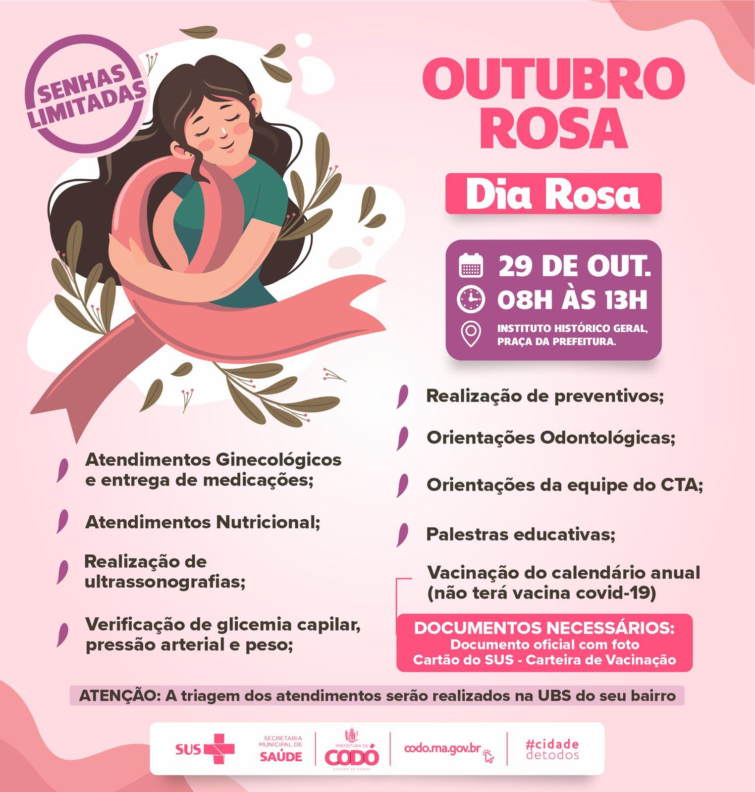 Dia D da Campanha Outubro Rosa terá diversos serviços ofertados para as mulheres codoenses 