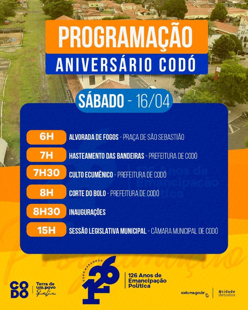 Prefeitura de Codó divulga programação de aniversário de 126 anos da cidade