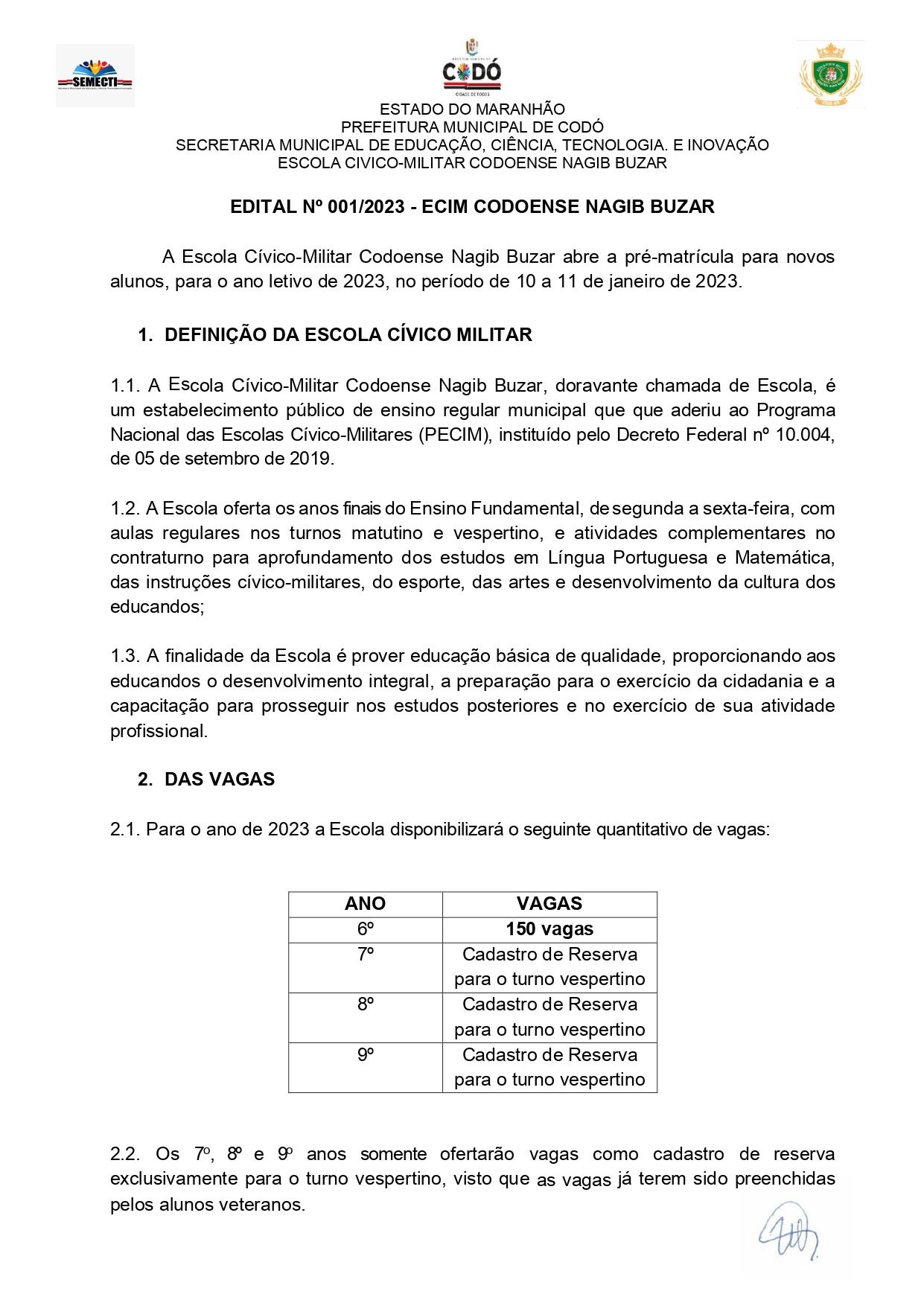 Escola Cívico-Militar Codoense Nagib Buzar abre a pré-matrícula para novos alunos, para o ano letivo de 2023, 