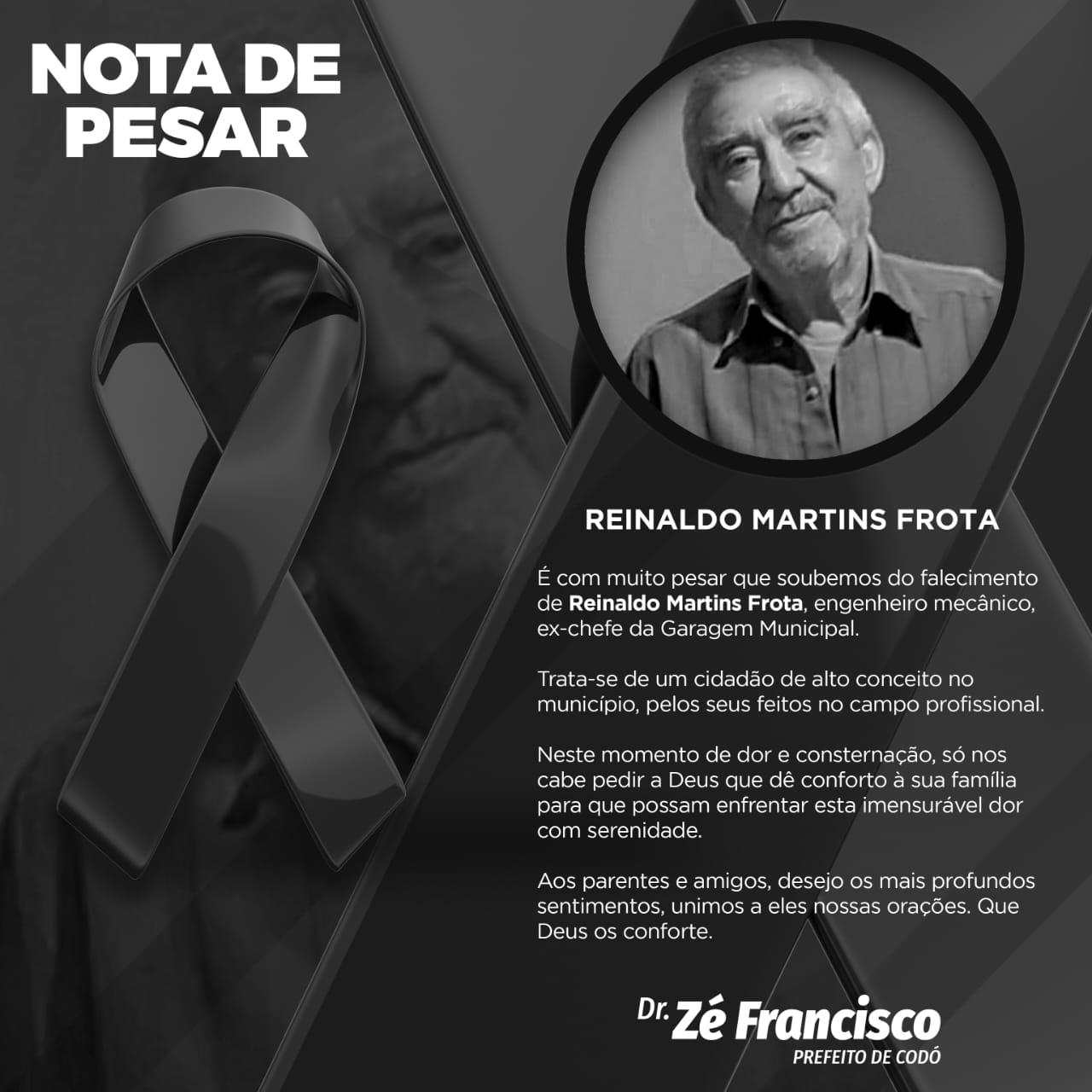 Nota de Pesar: Prefeito Zé Francisco lamenta morte do codoense Reinaldo Frota